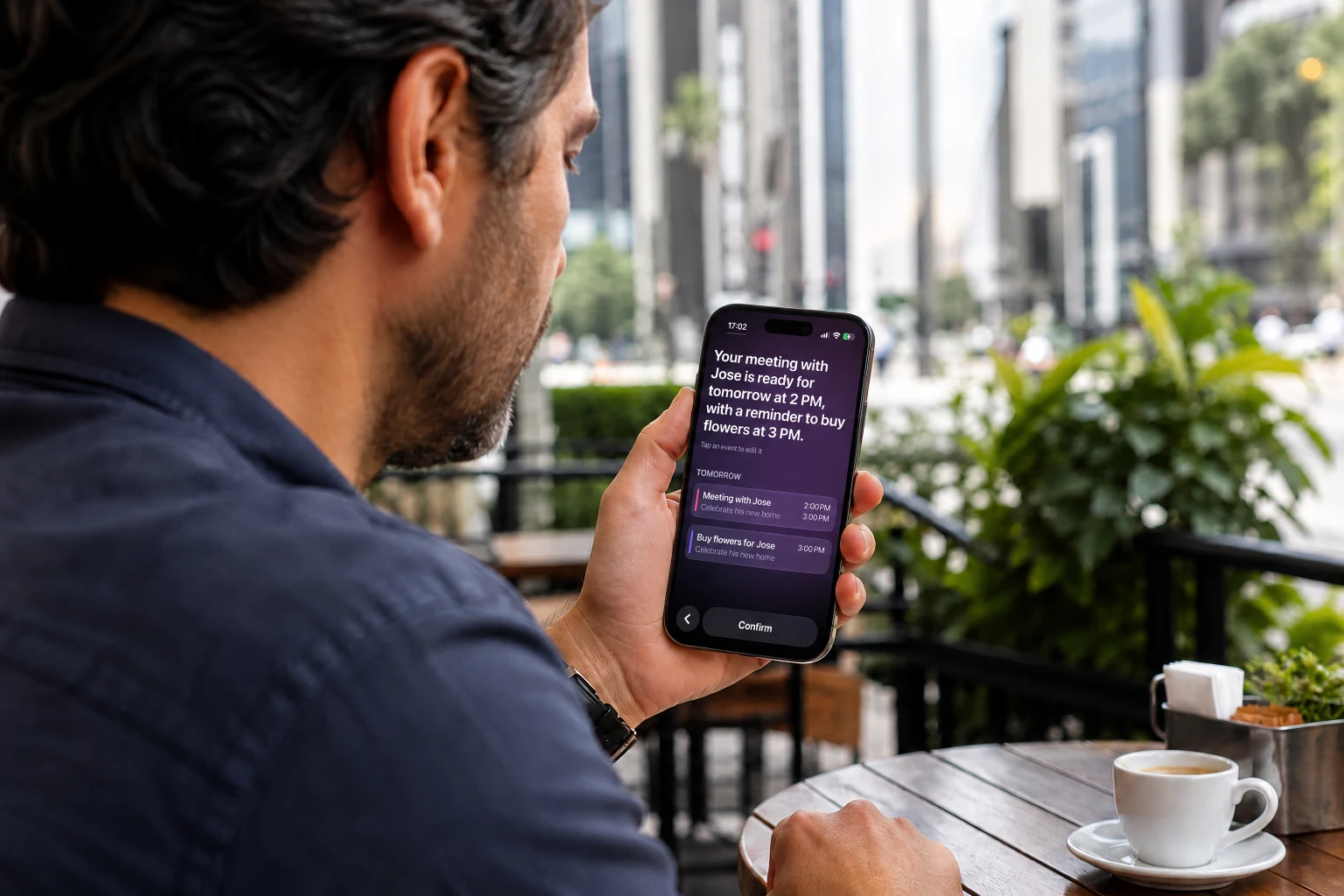 A man reviewing commitments organized by Plana on iPhone in São Paulo