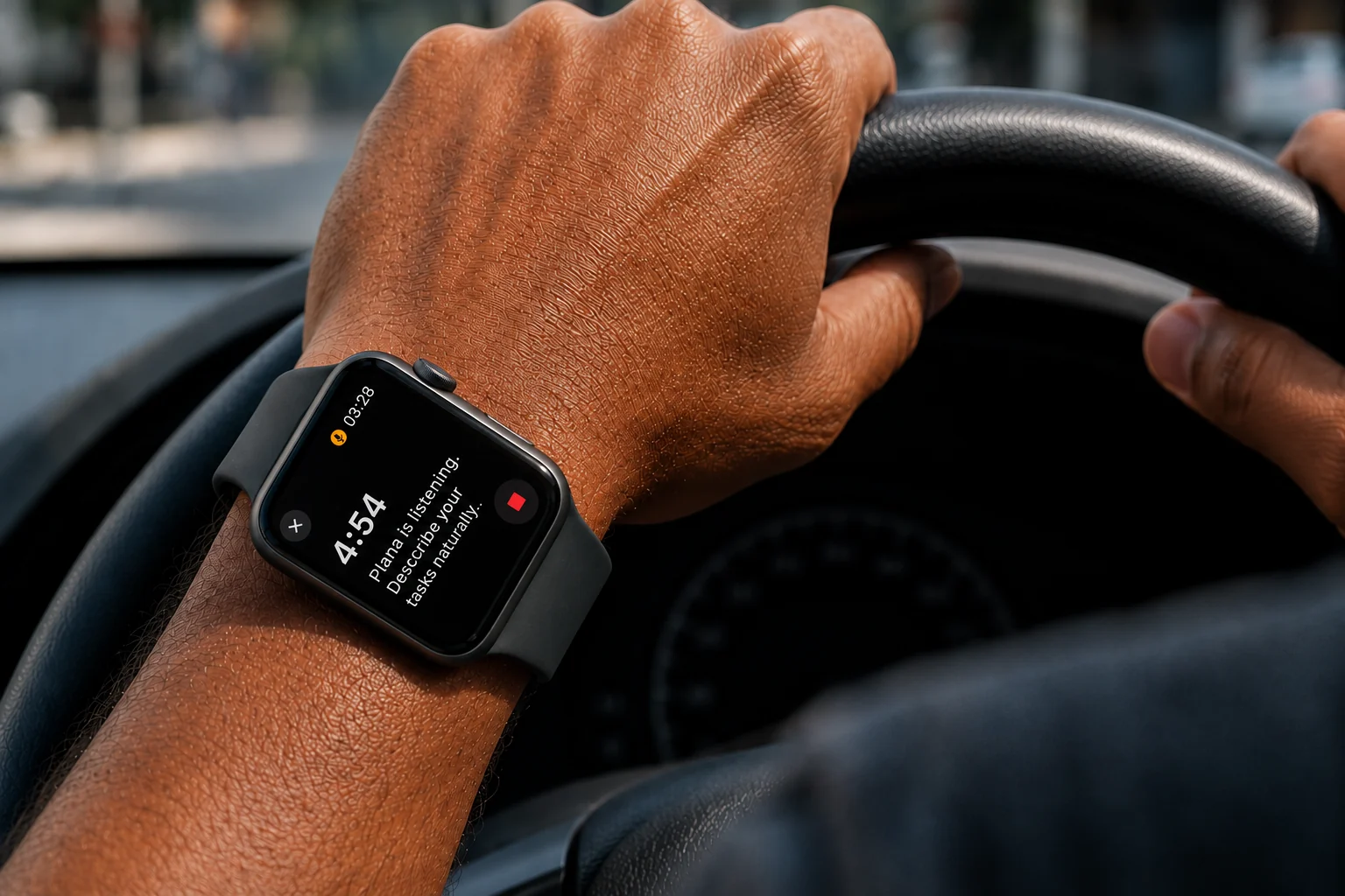 Close-up of Apple Watch being used with Plana by voice while hands are on the wheel