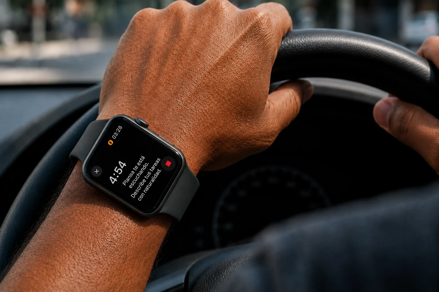 Primer plano del Apple Watch usando Plana por voz con las manos al volante