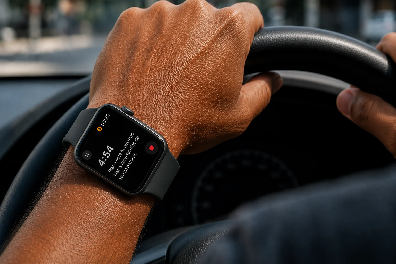 Close do Apple Watch com o Plana sendo usado por voz, com as mãos no volante